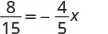 A mathematical equation is displayed on a white background, which reads '8/15 = -4/5x'