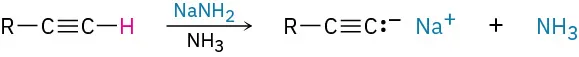 Alkyne reacts with sodium amide and ammonia to form sodium acetylide ion and ammonia.