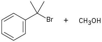 2-bromo-2-phenylpropane reacts with methanol to form unknown product(s), depicted by a question mark.