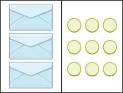 Three light blue envelopes are displayed on the left, while nine yellow-rimmed circles are arranged in a 3x3 grid on the right, all on a white background.