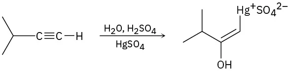 A C4 terminal alkyne reacts with water, sulfuric acid, and mercuric sulfate to form a C4 ionic organomercury enol sulfate  intermediate.