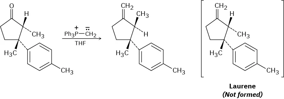 A substituted cyclopentanone reacts with the Wittig reagent P P h 3- C H 2 in T H F to yield a product, but the expected product Laurene is not formed.