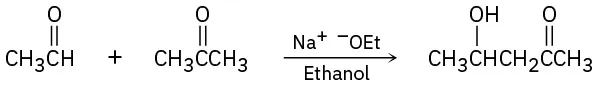 Acetaldehyde reacts with acetone in the presence of sodium ethoxide and ethanol to form a five-carbon chain with keto on the second and hydroxyl on the fourth carbon.