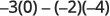 An algebraic expression featuring multiplication and subtraction of integers: -3(0) - (-2)(-4).