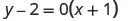 The equation y - 2 = 0(x + 1) is displayed on a white background. This simplifies to y=2, representing a horizontal line.