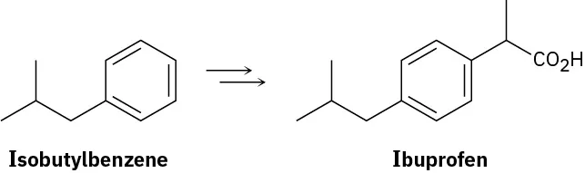 Chemical structure of isobutylbenzene with arrows pointing toward ibuprofen (isobutyl benzene with substituent in para position: ethyl group with C O 2 H at ethyl C 1).