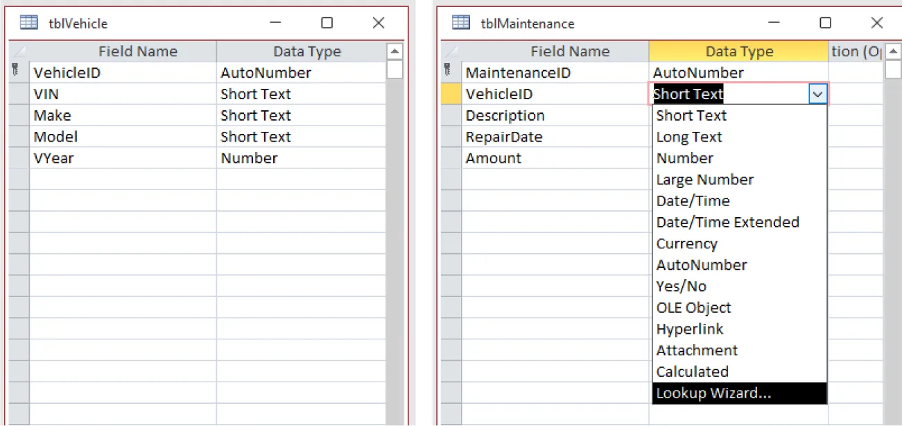tblVehicle and tblMaintenance forms visible. Data Type in VehicleID opens to option pane (includes Short Text, Long Text, Number, Large Number, Date/Time, Date/Time Extended, Currency, AutoNumber, Yes/No, Hyperlink, Lookup Wizard (highlighted), etc.).