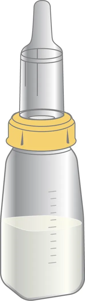Illustration of a bottle and nipple. The nipple is elongated.