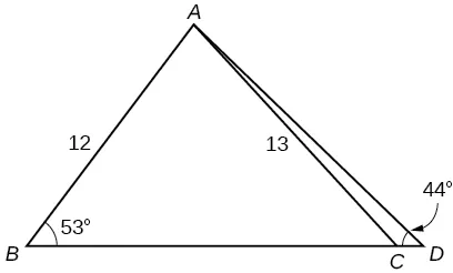 A triangle inside a triangle. The outer triangle is formed by vertices A, B, and D. Side B D is the base. The inner triangle shares vertices A and B. The last vertex C is located on the base side of the outer triangle between vertices B and D. Angle B is 53 degrees, angle D is 44 degrees, side A B is 12, and side A C is 13.