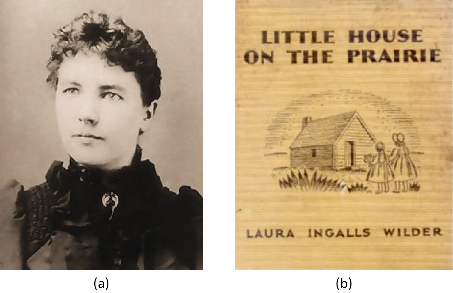 Image (a) is a photograph of Laura Ingalls Wilder. Image (b) shows the cover of Ingalls Wilder’s book, Little House on the Prairie. On the cover is a drawing of two young girls, who stand before a small cabin with the sun setting behind it.