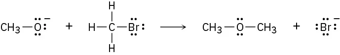A methoxide ion reacts with methyl bromide to form dimethyl ether and a bromide ion.