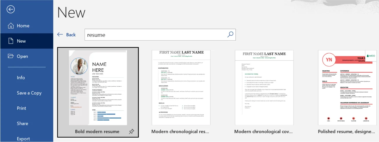 A New window is open. Resume is visible in the Search Bar. Various options for résumé selection are shown with sample thumbnail images provided.