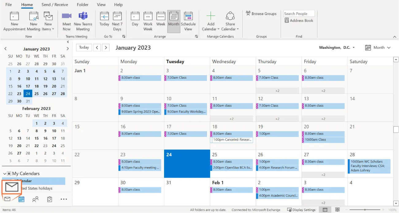 An online calendar highlights January 24th with a blue box. Switch email (an envelope icon) is at bottom left. Appointments are listed with times and in various color designations in the calendar.