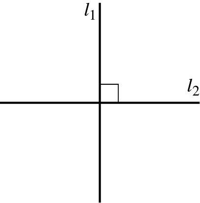 Two perpendicular lines, l subscript 1 and l subscript 2 intersect forming a 90 degrees angle.