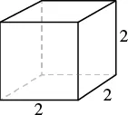 A wireframe drawing of a cube, indicating its dimensions are 2 units on each side. The three visible edges are labeled with the number '2', denoting its length, width, and height.
