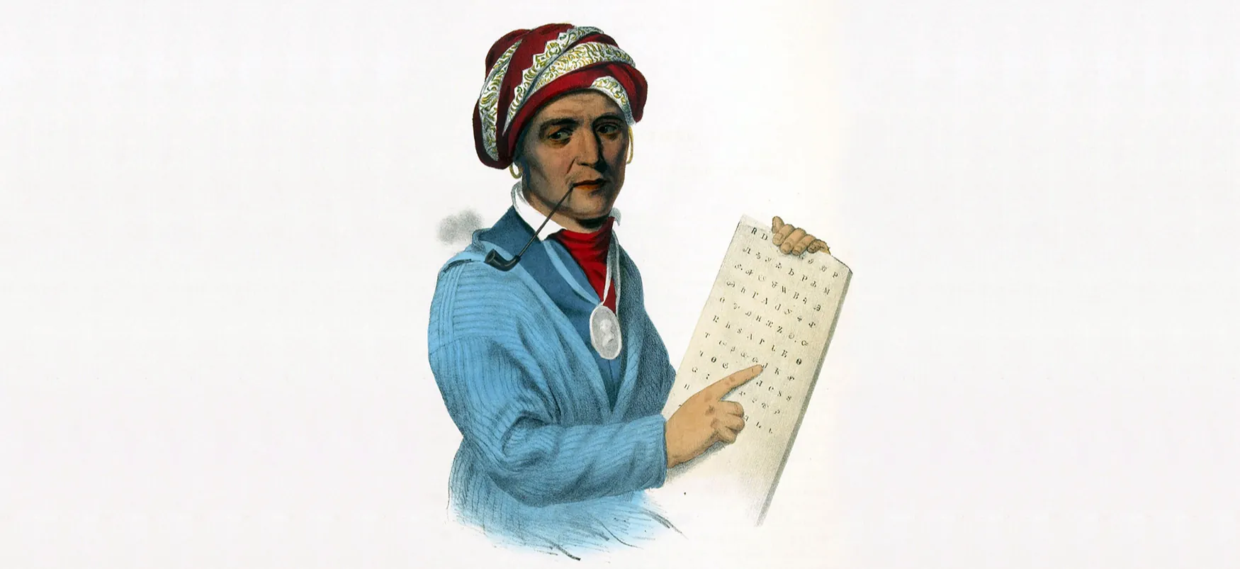A lithograph of Cherokee leader Sequoyah shows the leader holding a table depicting a writing system created for the Cherokee language.