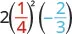 A mathematical expression showing the product of 2, the square of 1/4, and -2/3. The fraction 1/4 is colored red and -2/3 is colored blue, highlighting different parts of the expression.