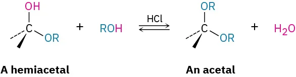 The reversible reaction of a hemiacetal with alcohol in the presence of an acid catalyst yields an acetal in which anomeric O H has been replaced by O R group.