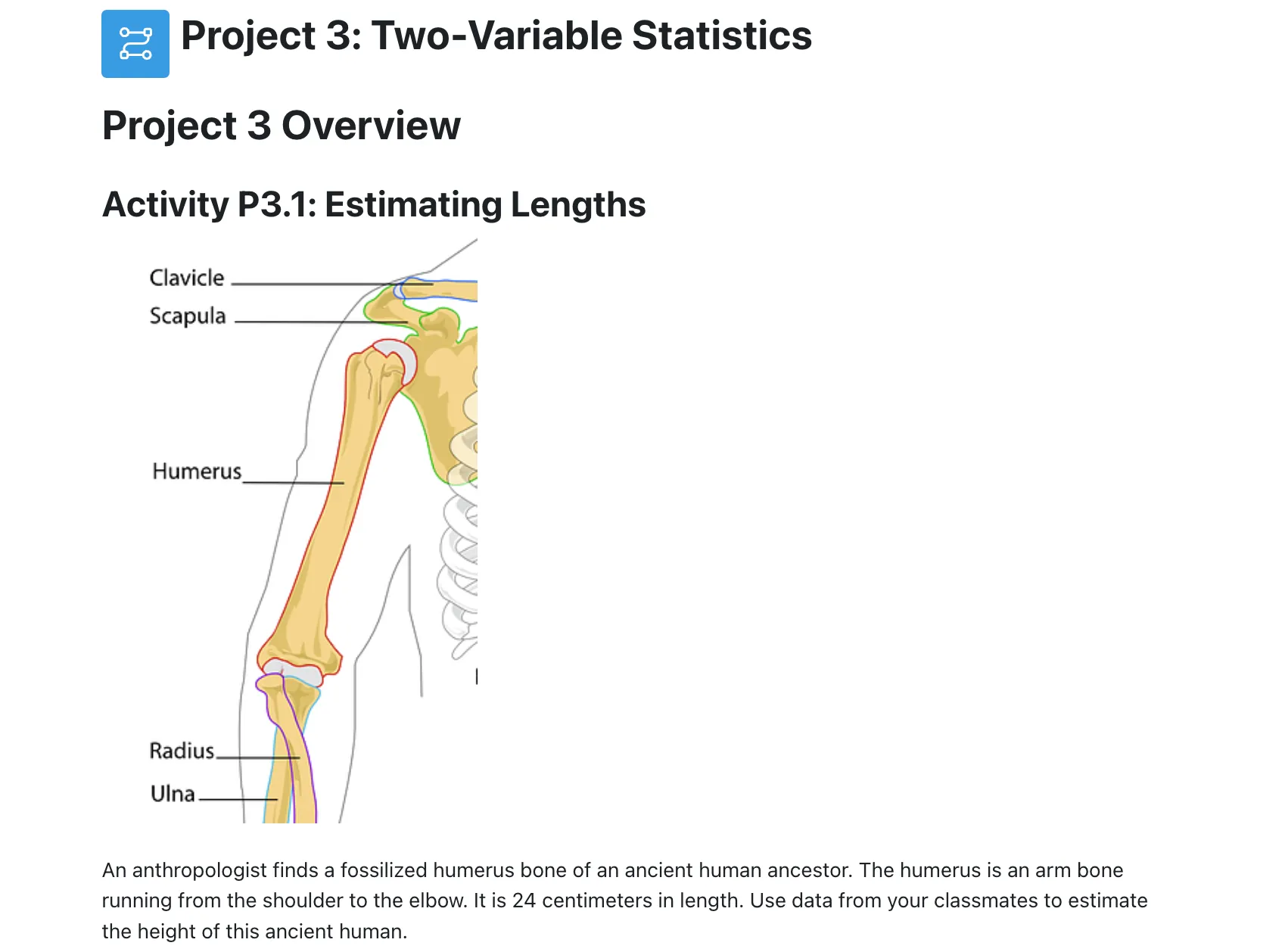 A screenshot from the curriculum showing an alternative form of assessment for the state standard using the unit 3 culminating project. The project image displays a diagram of the upper left side of a human skeleton with labeled bones.