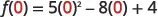 A mathematical equation is displayed, showing f(0) equals 5 multiplied by 0 squared, minus 8 multiplied by 0, plus 4. The zeros inside the parentheses are highlighted in red.