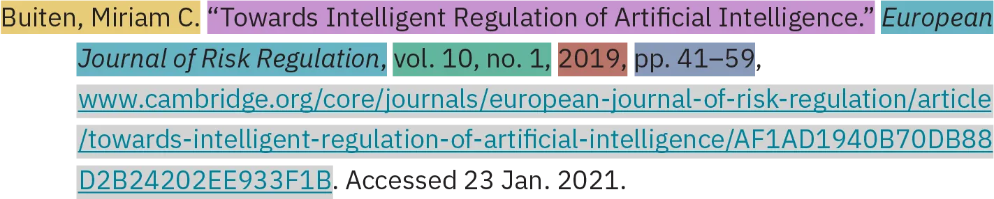 In an MLA citation, the author’s name (last name first) is followed by the title, the container of the title, the numerical coding, the date, page references, the URL, and optionally, the date accessed. The first line is flush to the left margin. Second and subsequent lines are indented 1/2 inch.
