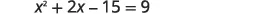 A quadratic equation is displayed on a white background, reading 'x^2 + 2x - 15 = 9'.