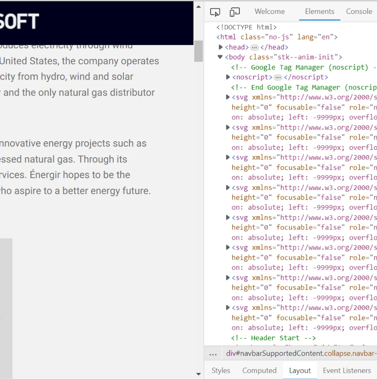 A web page offers options for: Welcome, Elements, and Console. Elements is selected and computer programming code in various colors is listed with small black arrows at the left.