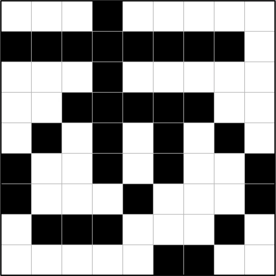 A 9 by 9 bitmap representing the Japanese hiragana character “a” in which each square has been colored black or white depending on if the square's value was 1 or 0.