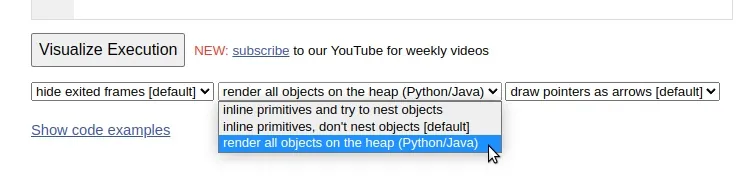 Screenshot of Python tutor settings, with the middle dropdown list open to the last setting.