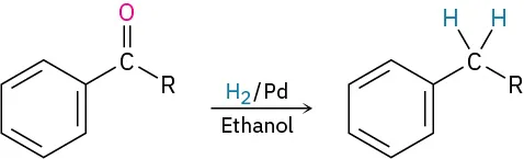 A carbonyl group bonded to a benzene ring on one side and an R groyp on the other reacts with hydrogen in the presence of palladium to form benzene bonded to a C H 2 R group.