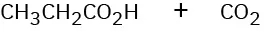 The condensed formulas of two products, propionic acid and carbon dioxide.