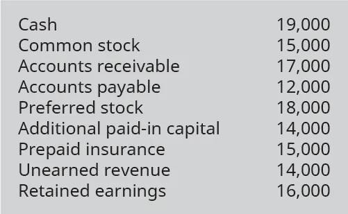 Cash 19,000, Common stock 15,000, Accounts receivable 17,000, Accounts payable 12,000, Preferred stock 18,000, Additional paid-in capital 14,000, Prepaid insurance 15,000, Unearned revenue 14,000, Retained earnings 16,000.