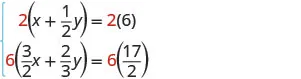 The image displays a system of two linear equations. In the first equation, both sides are multiplied by 2, and in the second equation, both sides are multiplied by 6. This operation is performed to eliminate the fractional coefficients, specifically the denominators of 2 in the first equation and 2 and 3 in the second equation, thereby simplifying the system for further algebraic manipulation.
