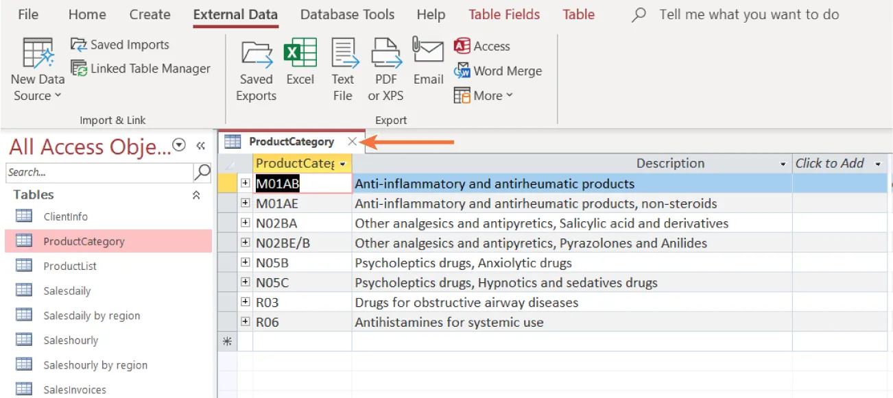 Access External Data tab selected. Sidebar pane titled All Access Object displays Tables options: ProductCategory selected. ProductCategory tab in document displays table of information.