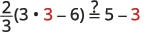 A mathematical equation shown as (2/3)(3 * 3 - 6) =? 5 - 3. The numbers '3' (in '3 * 3') and '3' (in '5 - 3') are highlighted in red, indicating a verification or problem-solving context.