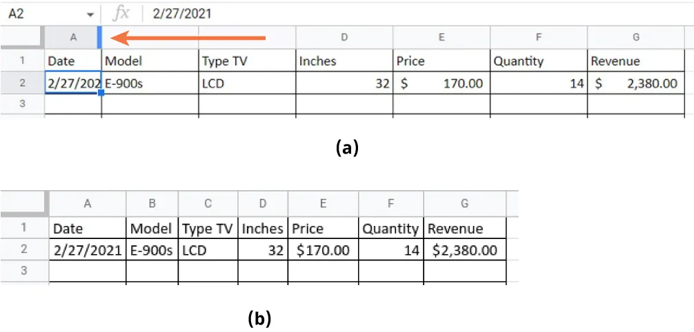 (a) Right side of Column A is highlighted blue. Columns vary in width. (b) Columns display in all different widths to accommodate the date inside the cells.