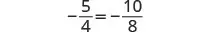 A mathematical equation shows that the negative fraction -5/4 is equal to the negative fraction -10/8, demonstrating the concept of equivalent fractions with negative values.