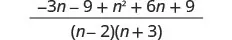 A mathematical fraction. The numerator is -3n - 9 + n^2 + 6n + 9, and the denominator is the product of (n-2) and (n+3).