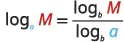The image displays the logarithm change of base formula: log subscript 'a' of M equals the fraction of log subscript 'b' of M over log subscript 'b' of 'a'.