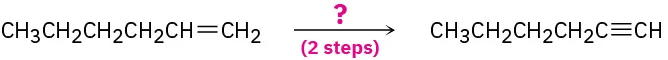 A C6 alkene reacts in the presence of an unknown reagent indicated as a question mark via two steps to form 1-hexyne.