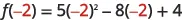 An algebraic equation showing f(-2) = 5(-2)^2 - 8(-2) + 4, with the number -2 highlighted in red in each instance it appears.