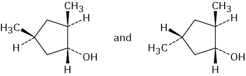 The first structure has cyclopentane ring with dash-bonded hydroxyl at C1, wedge bonded methyl groups at C2 and C4. In the second structure, one methyl is dash bonded at C4.