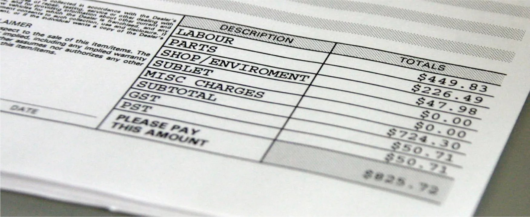 An invoice shows a list of different services and their associated costs. The last line of the list shows the total amount to be paid.