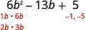 The image shows the quadratic expression 6b^2 - 13b + 5, with potential factors for the first term (1b*6b, 2b*3b) and the constant term (-1, -5) listed below, indicating the process of factoring.