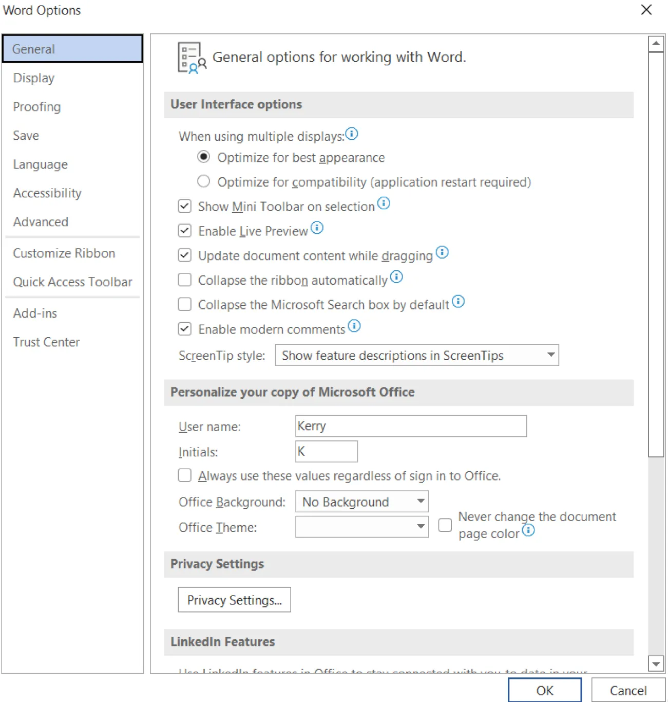 General is selected. Word Options displays some selections: When using multiple displays: Optimize for best appearance, Show Mini Toolbar on selection, Enable Live Preview, Update document content while dragging, Enable modern comments.