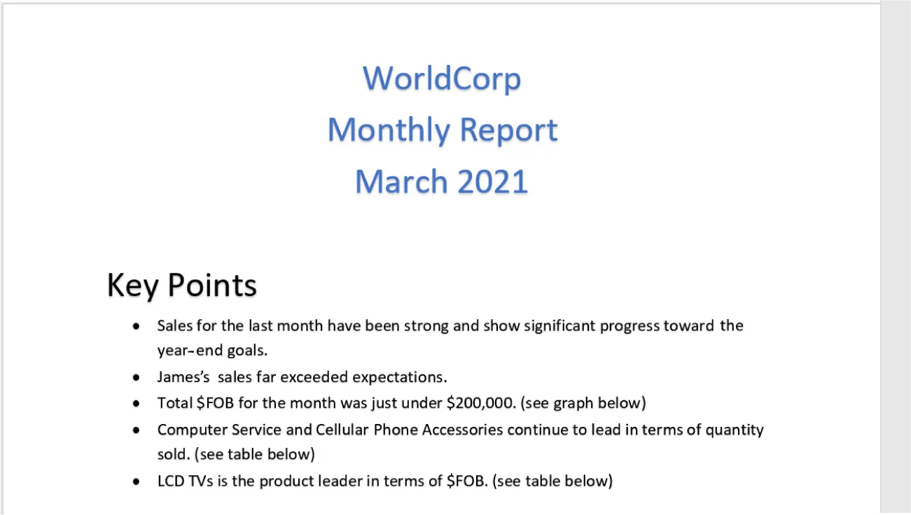 A Word file is visible with colored header, large bold subheading, and bulleted points in regular font.