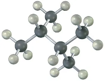 A ball and stick model of 2,3-dimethylbutane featuring a four-carbon chain.