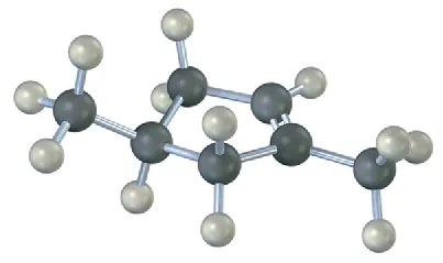 The ball-and-stick model of a cyclopentene ring. C1 and C4 are each bonded to a methyl group. The black and gray spheres represent carbon and hydrogen, respectively.