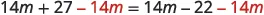 An algebraic equation: 14m + 27 - 14m = 14m - 22 - 14m, illustrating the step of subtracting 14m from both sides, with the subtracted terms highlighted in red.