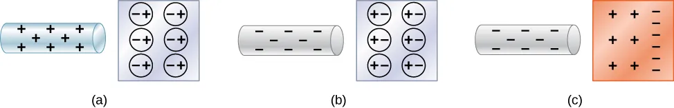 Microscopic views of objects are shown. In part a, a positive rod with positive signs is close to an insulator. The negative ends of all the molecules of the insulator are aligned toward the rod and positive ends of all molecules shown as spheres are away from the rod. In part b, a negative rod with negative signs is close to an insulator. The positive ends of all the molecules of the insulator are aligned toward the rod and negative ends of all molecules shown as spheres are away from the rod. In part c, a rod with negative signs is close to an insulator. Only the net charges are shown in the insulator. The insulator surface closer to the rod has positive signs. The other surface has negative signs.